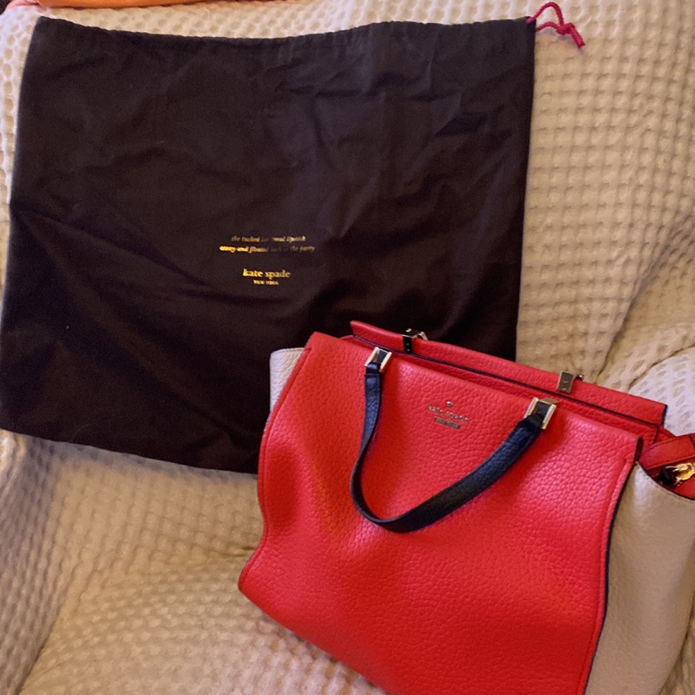 Kate Spade HAYDEN Color Block Chelsea Square Pebble Leather RED Creme hamptons
